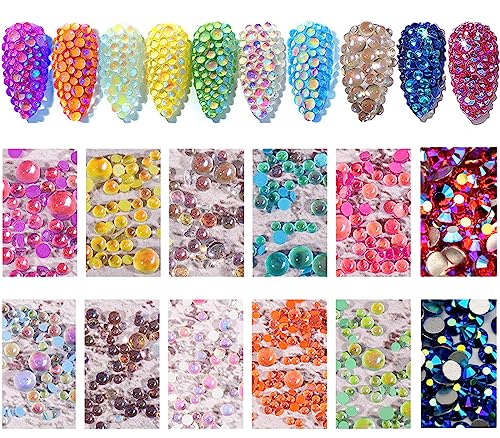 Naiska 800pcs Nail Art Rhinestones Set Colorful Flatback Rhinestones Glass Diamantes Gems for Nails Design Sparkly Diamond Beads Gems for Diy Crafts Clothes Tumblers Face Makeup Manicure