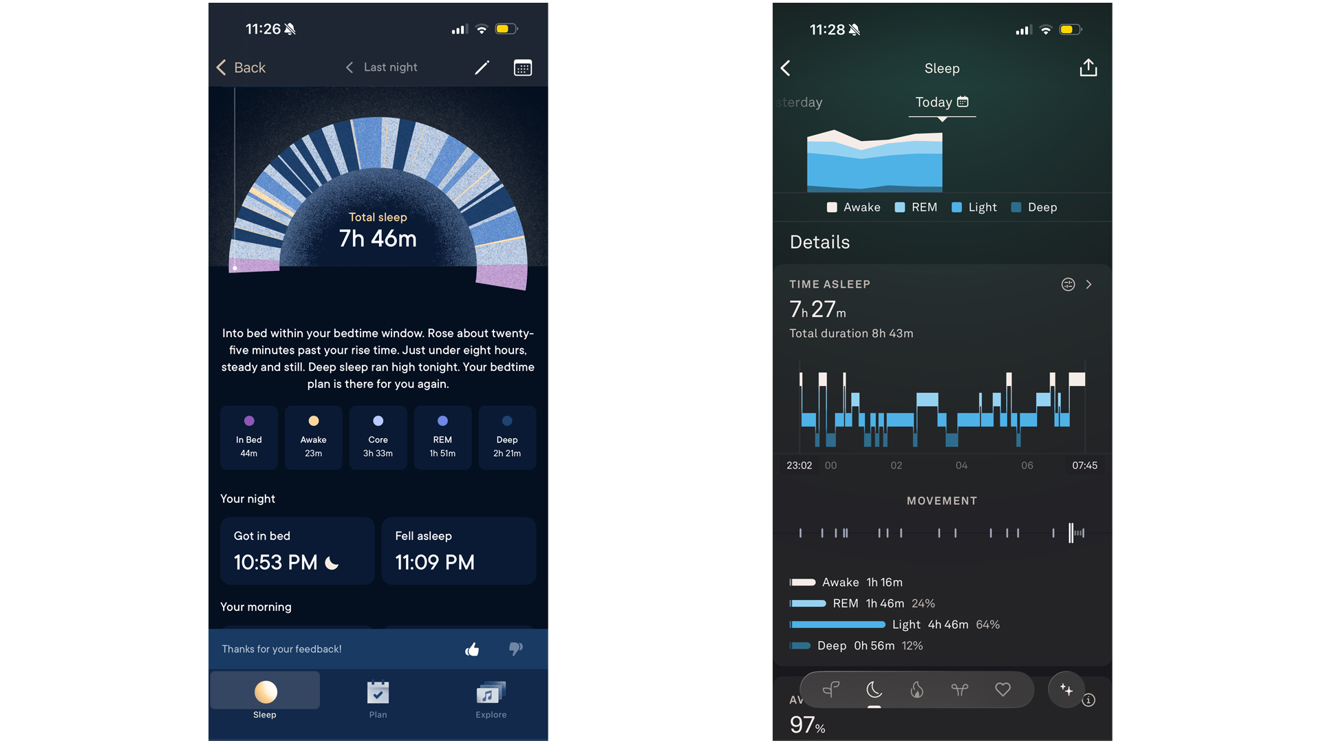 On the left, a screenshot of the Hatch Sleep Clock app showing the data from a night's sleep. On the right, a screenshot of the Oura Ring 5 app showing sleep data from the same night.