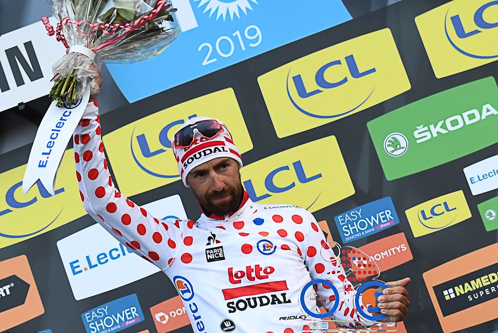 Thomas De Gendt in polka dots after stage 4 at Paris-Nice