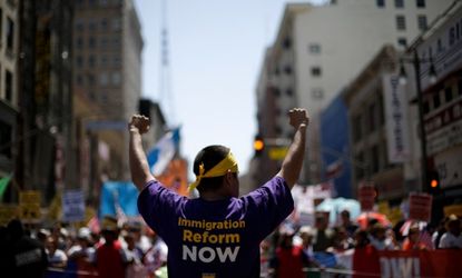 Thousands gather for an immigration reform rally in downtown Los Angeles, May 1.