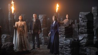 Lanfear (Natasha O'Keeffe), Rand (Josha Stradowski), Moiraine (Rosamund Pike), Lan (Daniel Henney) (L-R) navigating The Ways in "The Wheel of Time" season 2 finale