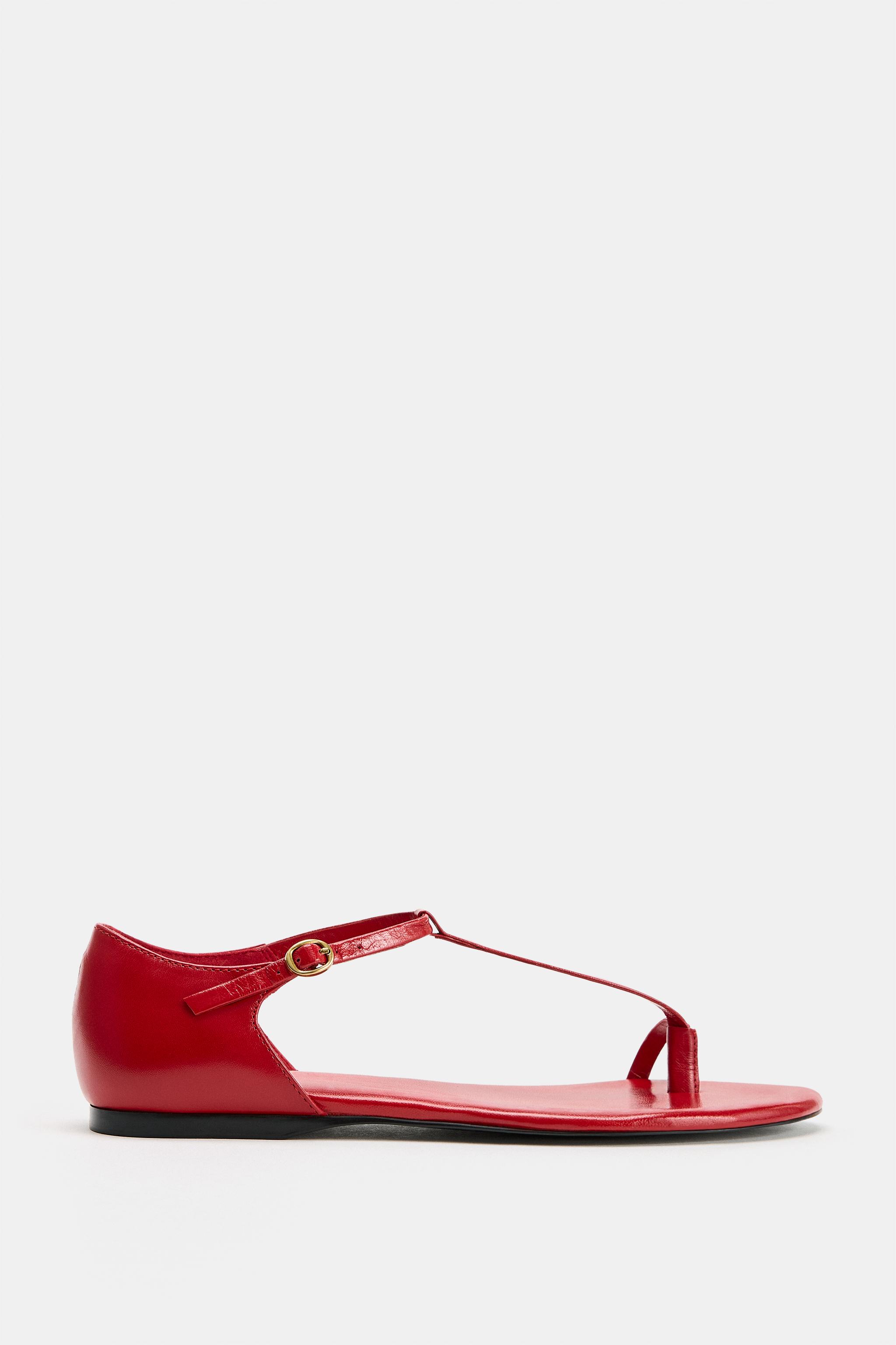 Strappy Leather Flat Sandals - Red - 5