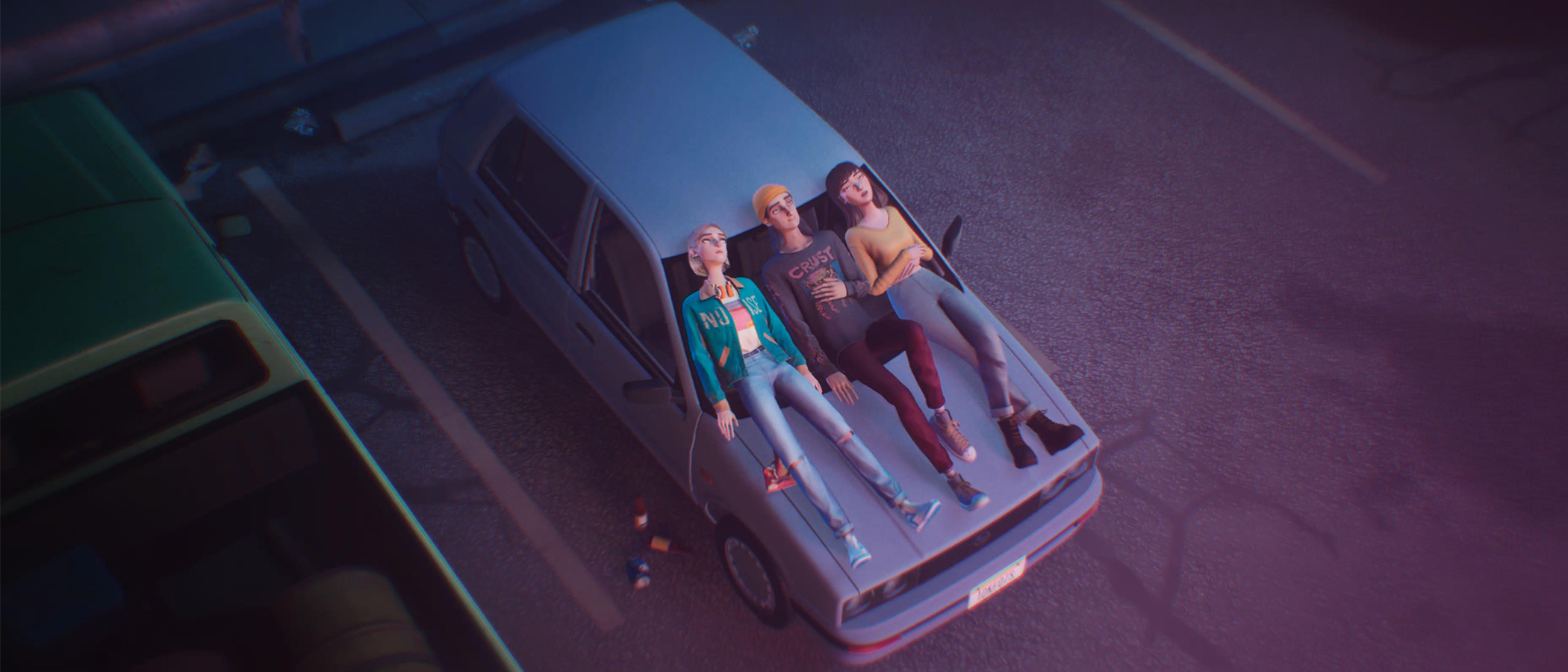 Three teens lay on a car bonnet in video game Mixtape