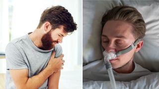A man with dark hair and beard wearing grey t-shirt holding left bicep representing muscle loss (left). A man asleep in bed wearing a CPAP machine to manage sleep apnea (right). 