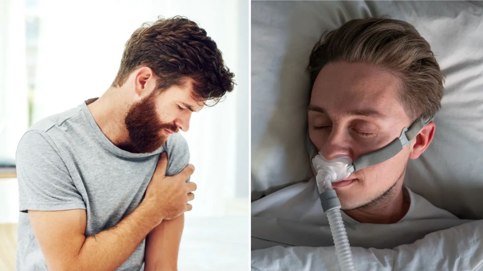 A man with dark hair and beard wearing grey t-shirt holding left bicep representing muscle loss (left). A man asleep in bed wearing a CPAP machine to manage sleep apnea (right). 