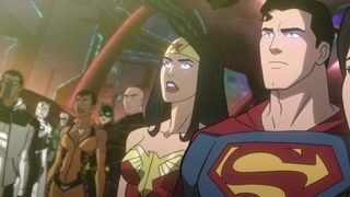 Members of the Justice League stands in line in Crisis on Infinite Earths - Part Three