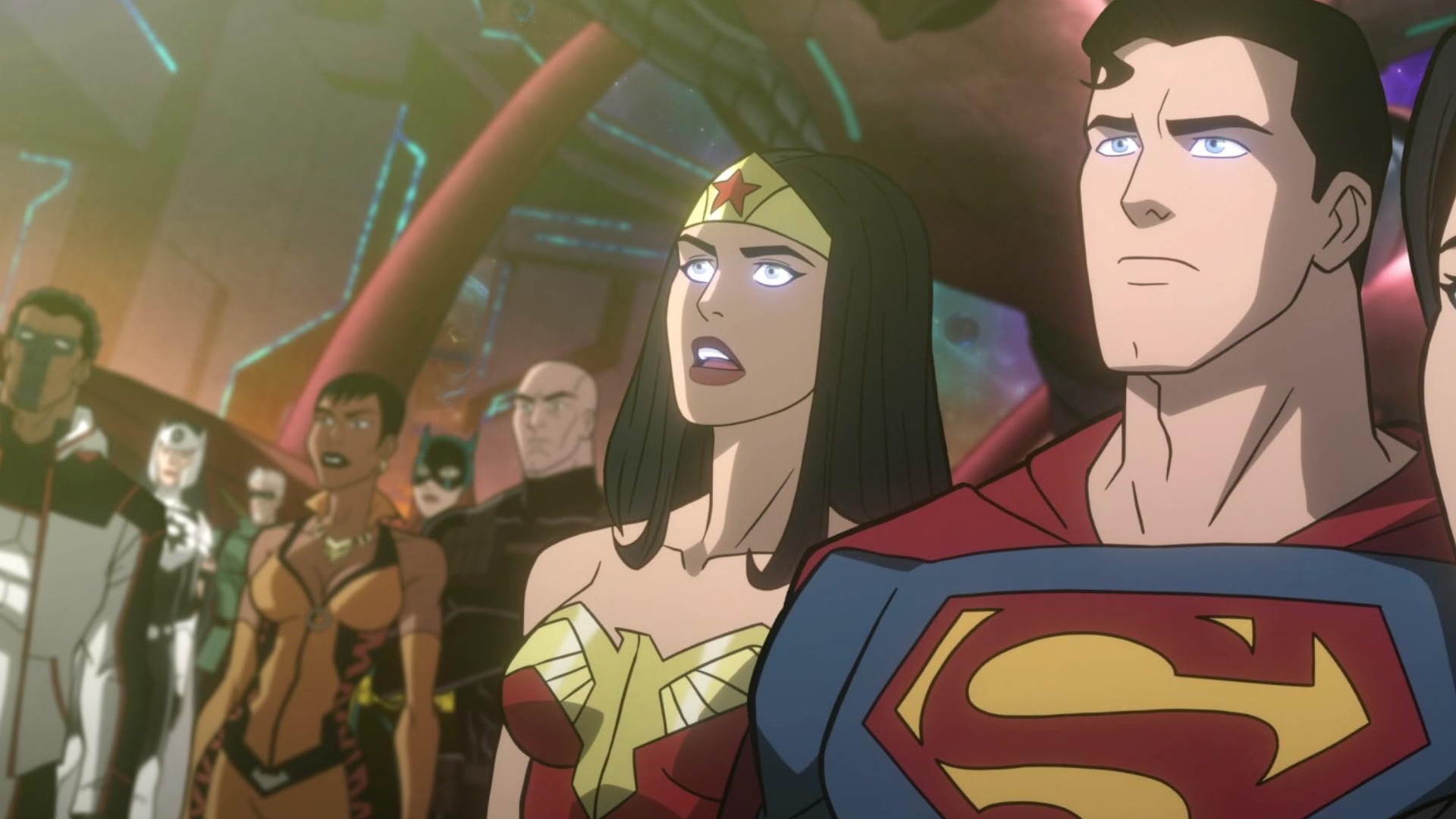 Members of the Justice League stands in line in Crisis on Infinite Earths - Part Three