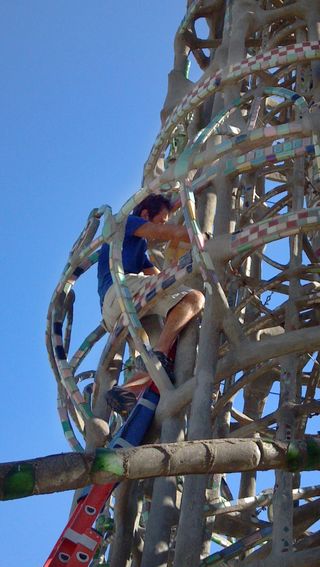 Project principal investigator Ertugrul Taciroglu climbed the central tower to install acceleration and tilt sensors.