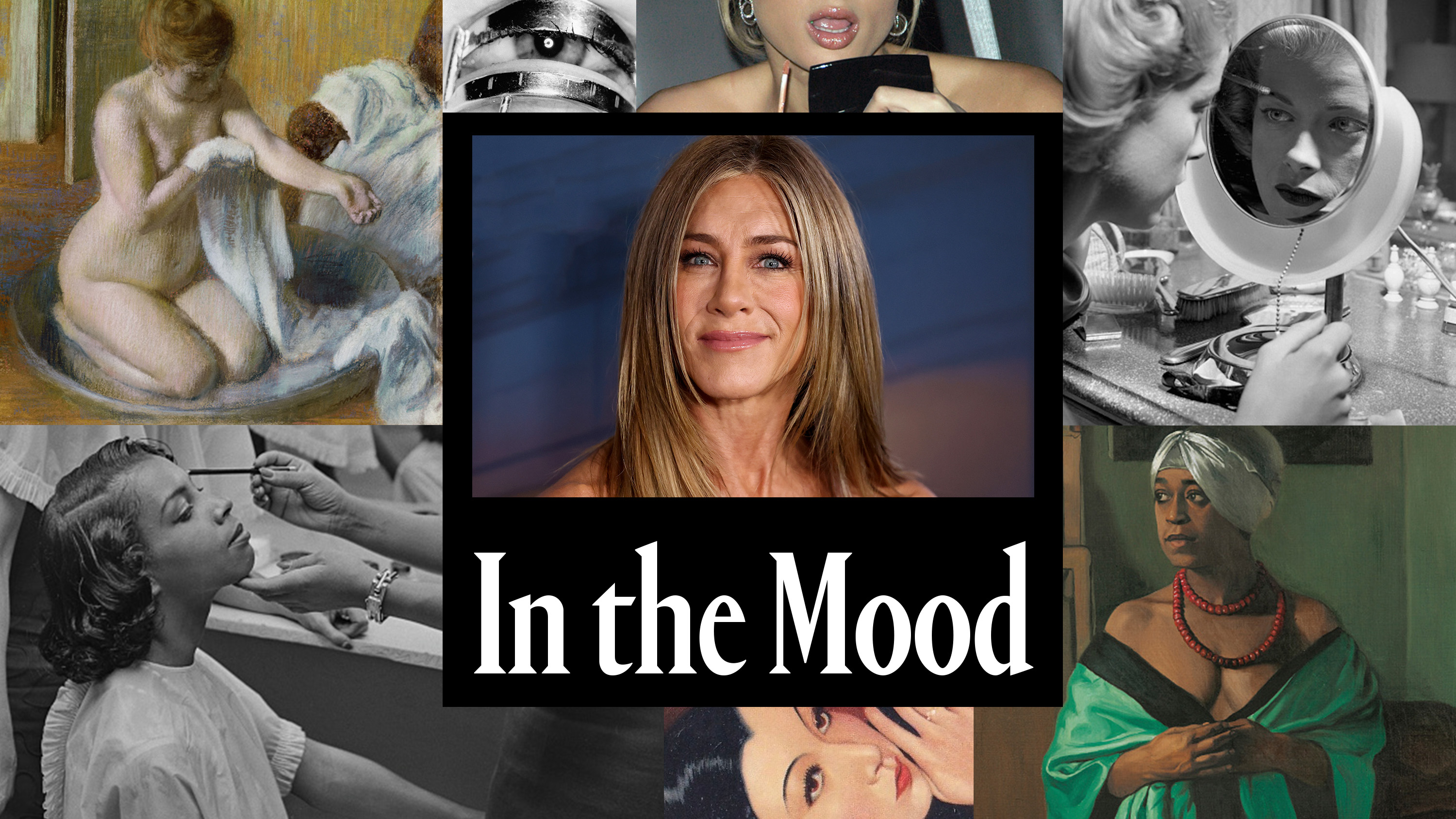 jennifer aniston in the mood on a grid of women getting beauty treatments