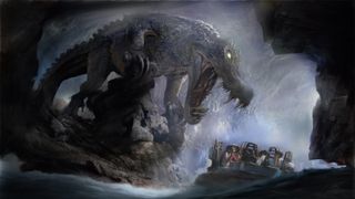 Illustration of a huge crocodile standing over people on a theme park ride