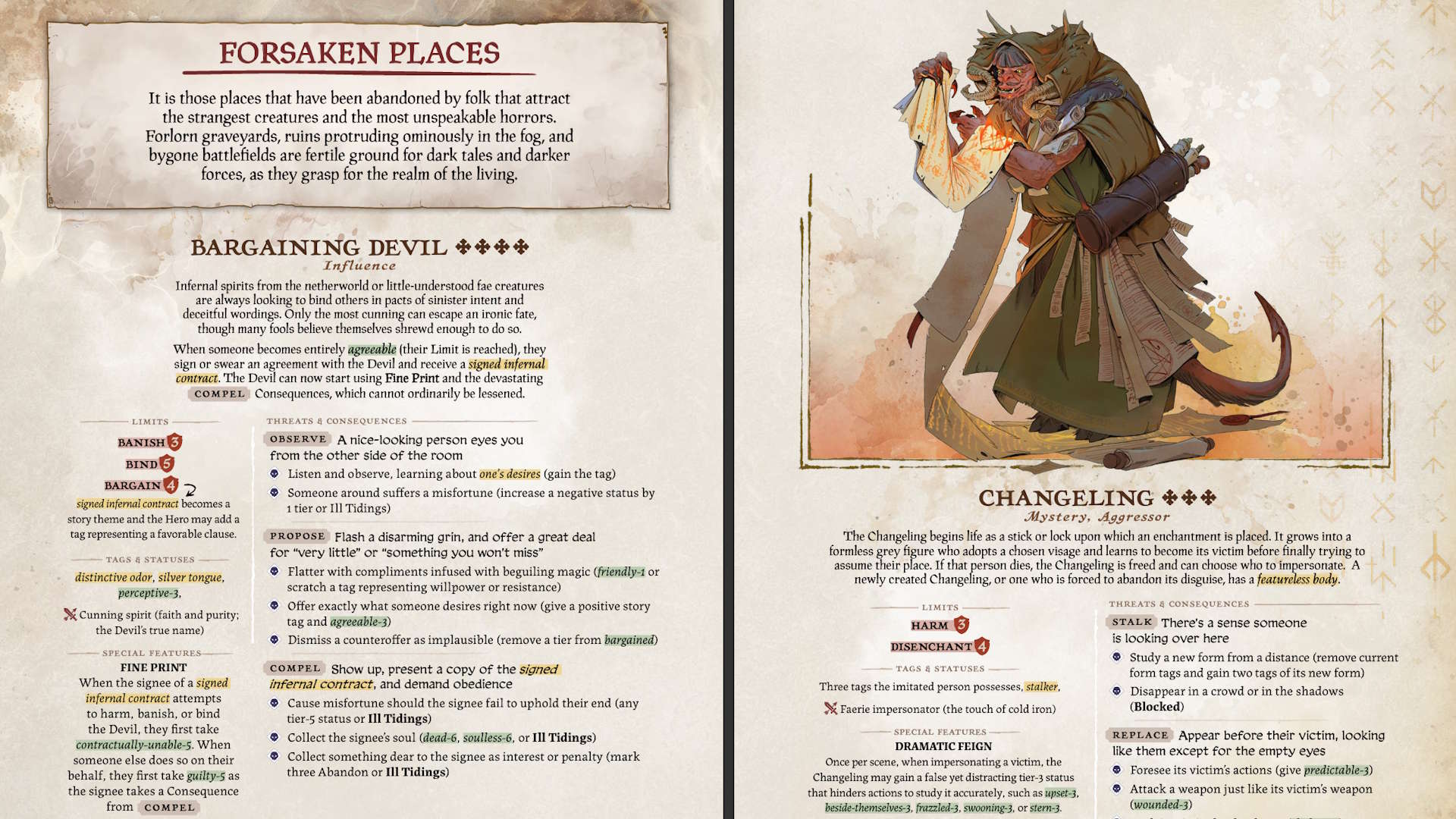 Text describing Forsaken Places and the Changeling sit on pages themed to look like aged parchment