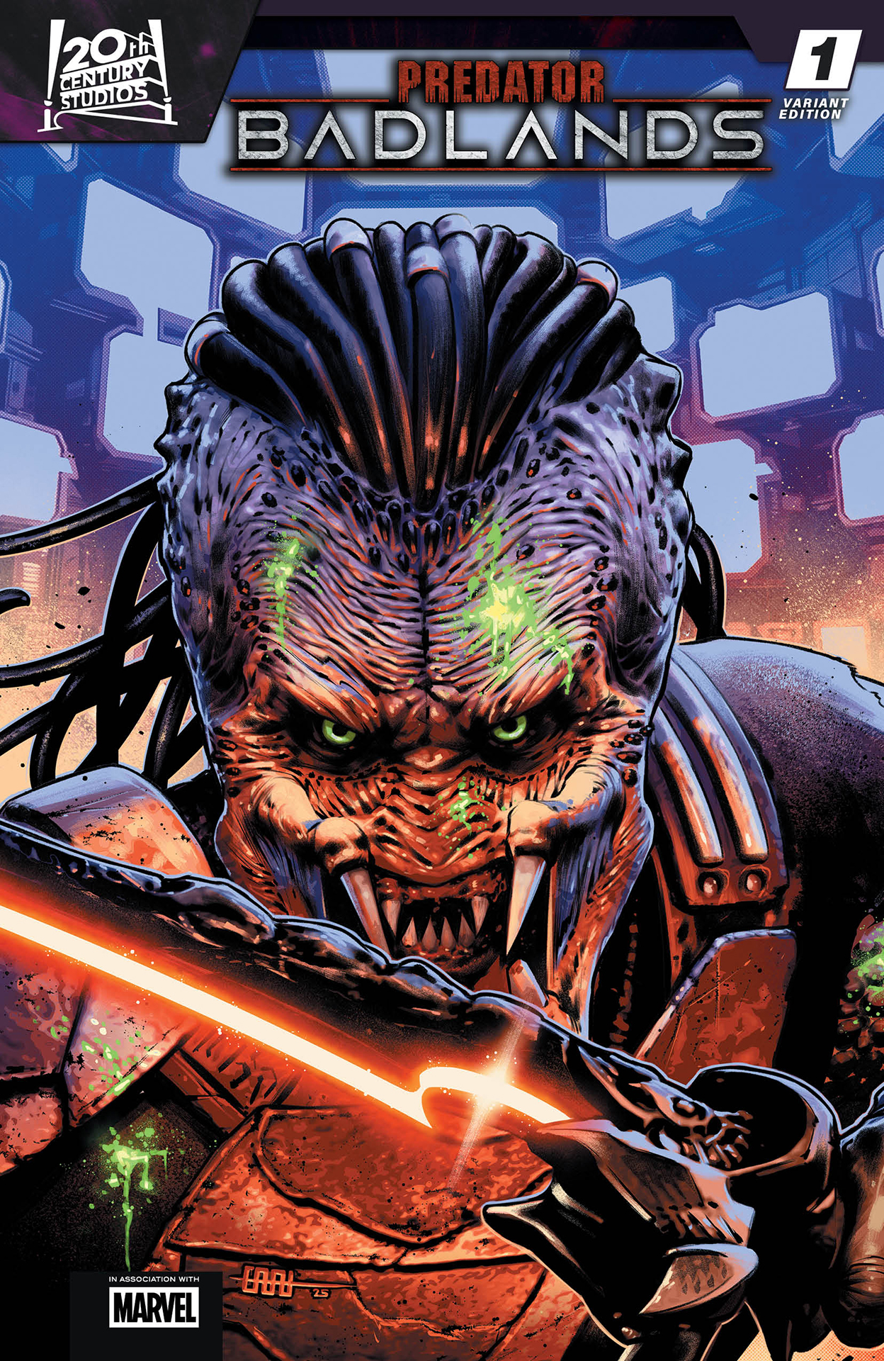 A Yautja covered in green blood while brandishing a high-tech weapon