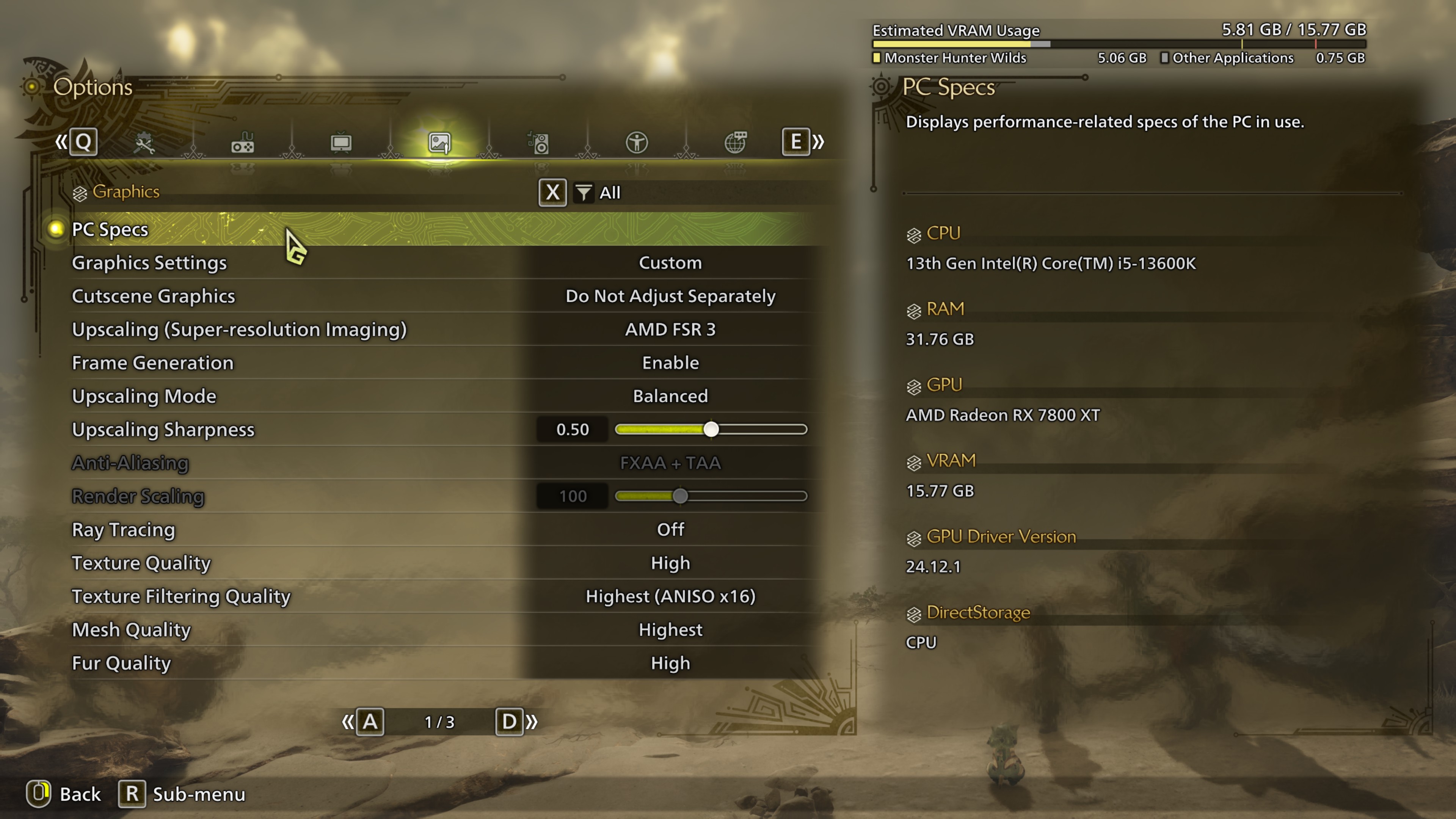 Screenshots of the graphics settings in Monster Hunter Wilds PC version