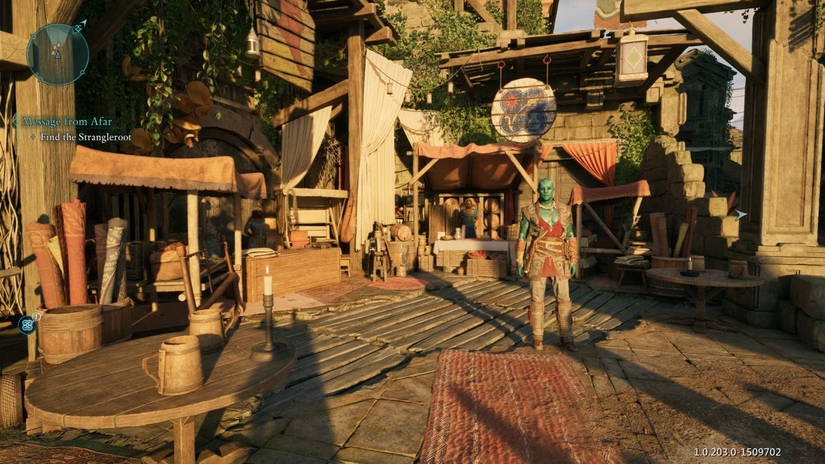 Screenshot of Avowed on PC showing a small marketplace with the companion Kai standing in the center.