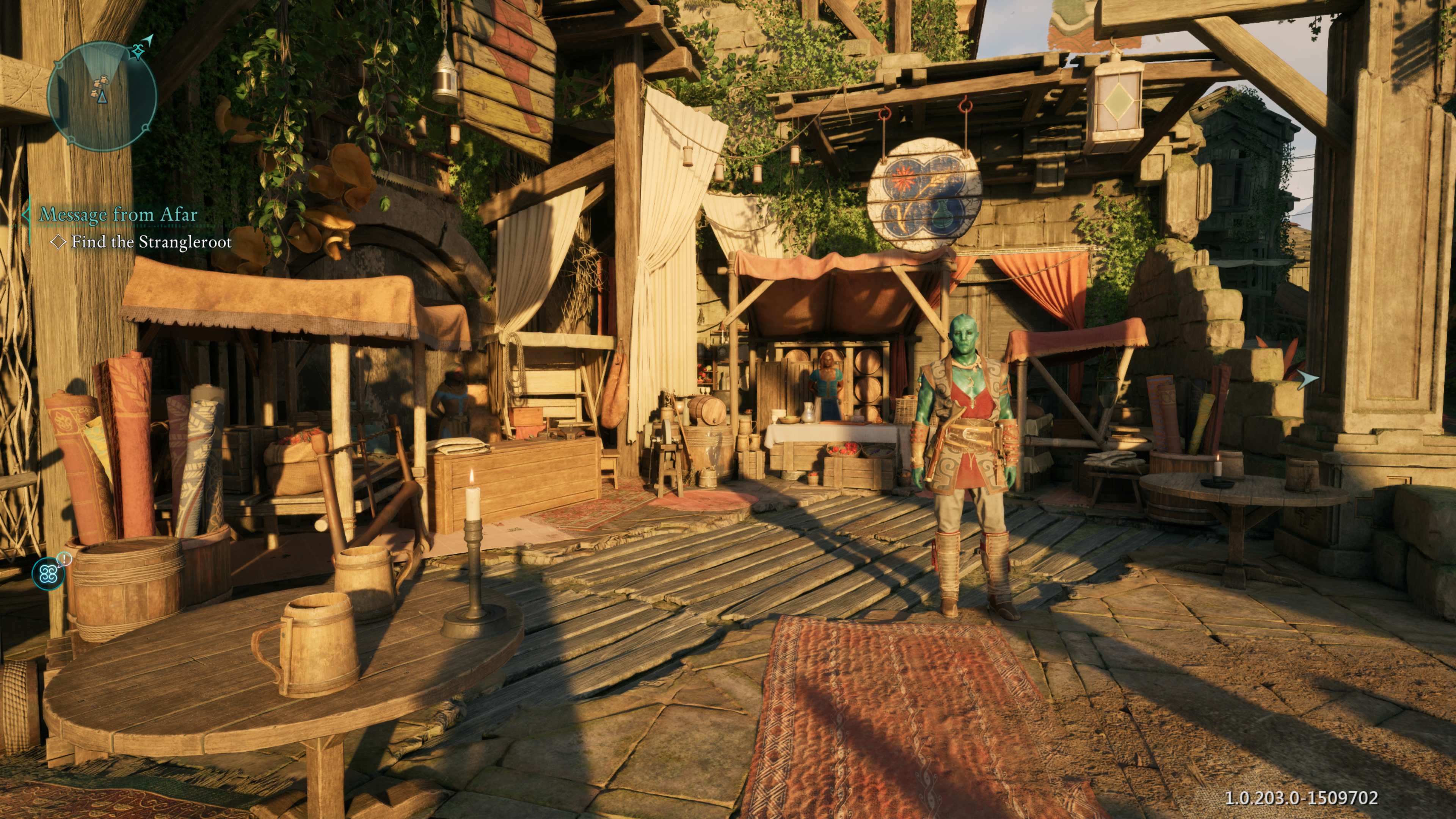 Screenshot of Avowed on PC showing a small marketplace with the companion Kai standing in the center.