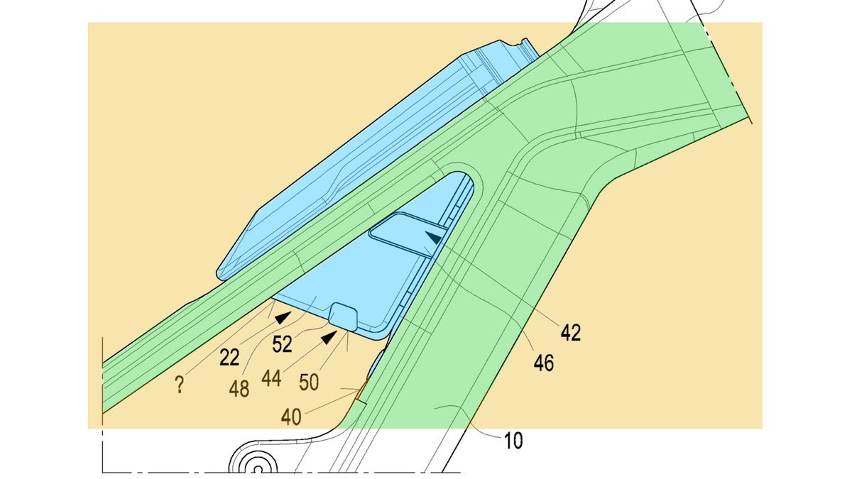 Technical drawing showing a water bottle mounted in the top tube