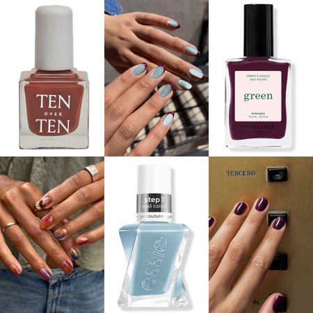 Collage of blue nails with burgundy tips, autumnal watercolor nail art and eggplant nails alongside bottles of brown, pale blue and purple polish