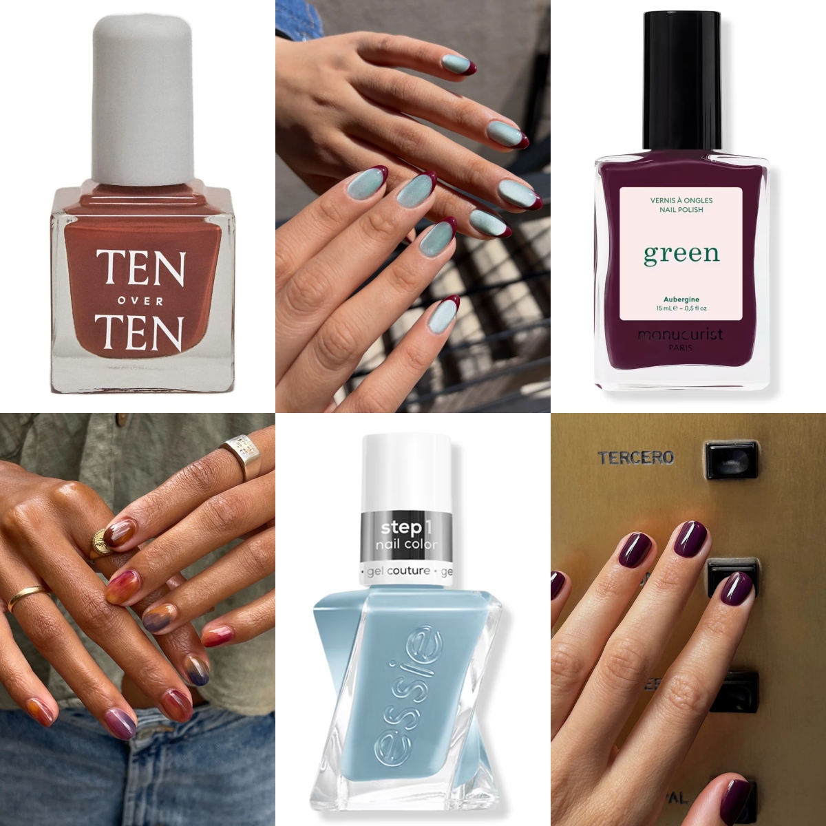 Collage of blue nails with burgundy tips, autumnal watercolor nail art and eggplant nails alongside bottles of brown, pale blue and purple polish