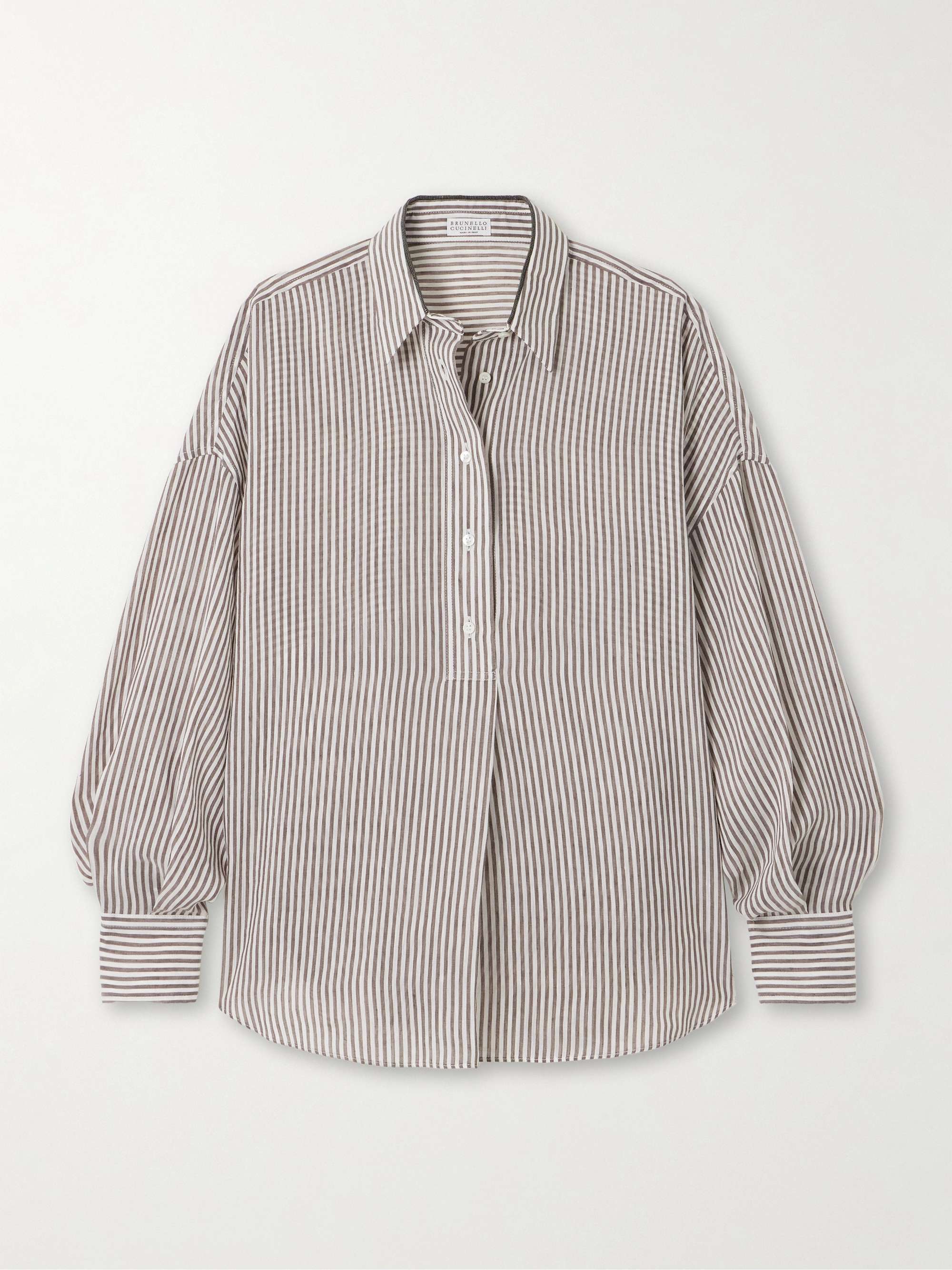Bead-Embellished Striped Linen and Silk-Blend Shirt