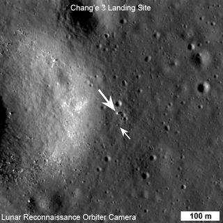 LADEE data is being used to investigate the effects of China's Chang'e 3 moon lander touchdown last December on the lunar atmosphere and surface. Shown here is NASA's Lunar Reconnaissance Orbiter Camera view of the Chang'e 3 lander (large arrow) and rover (small arrow) just before sunset on their first day of lunar exploration.