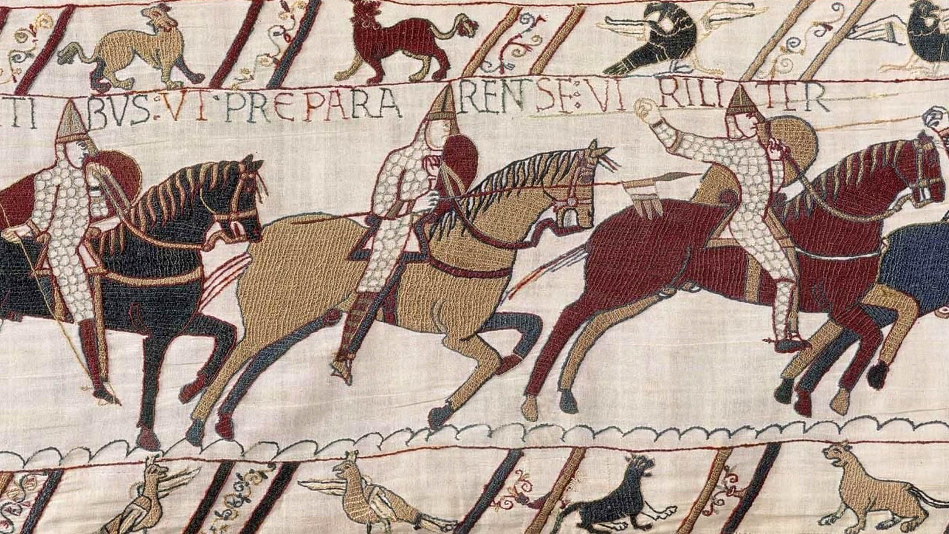 A close-up of the Bayeux Tapestry. 