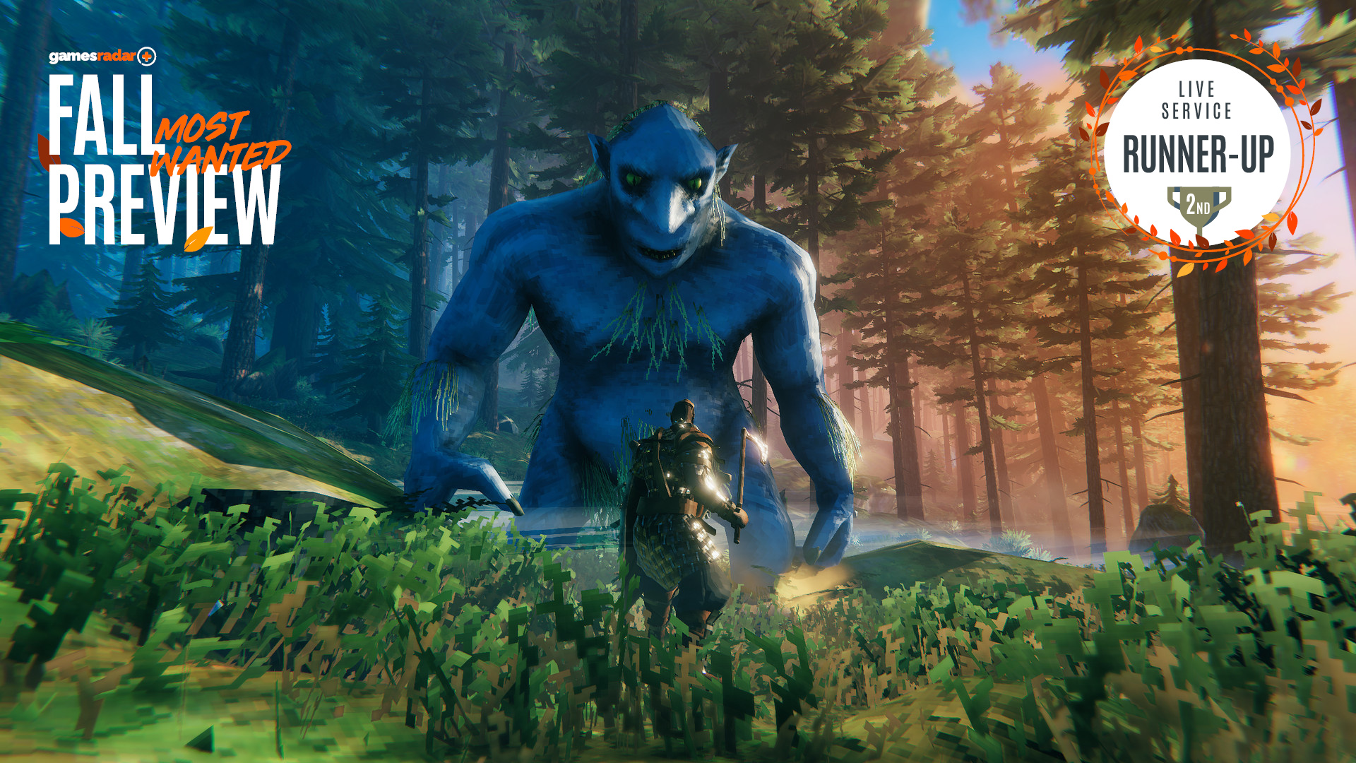 A troll in Valheim towers above a character with the Fall Preview GamesRadar+ branding