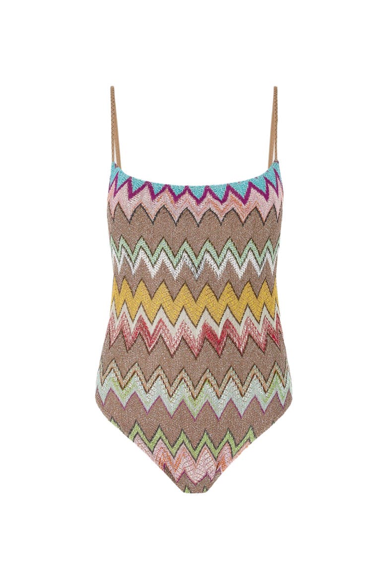 One-Piece Swimsuit in Lam&eacute; Viscose With Macro Zigzag Pattern