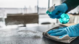 Cleaning a surface with a cloth and spray bottle while wearing gloves