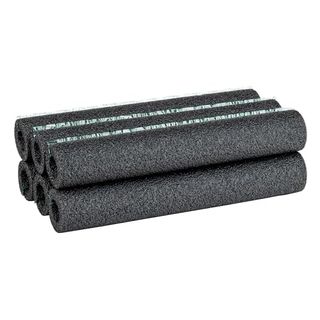 A stack of short, dark grey foam insulation covers for pipes