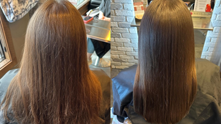 Writer Sophia Vilensky's hair before and after an in-salon Cezanne keratin treatment.