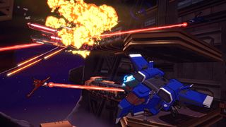 Two small space craft exchange laser shots as another larger vessel bursts into flames 