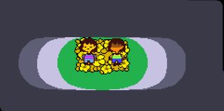 Fritz and a co-op second Fritz lying on Undertale's iconic opening yellow flower bed, spotlit in a dark room.