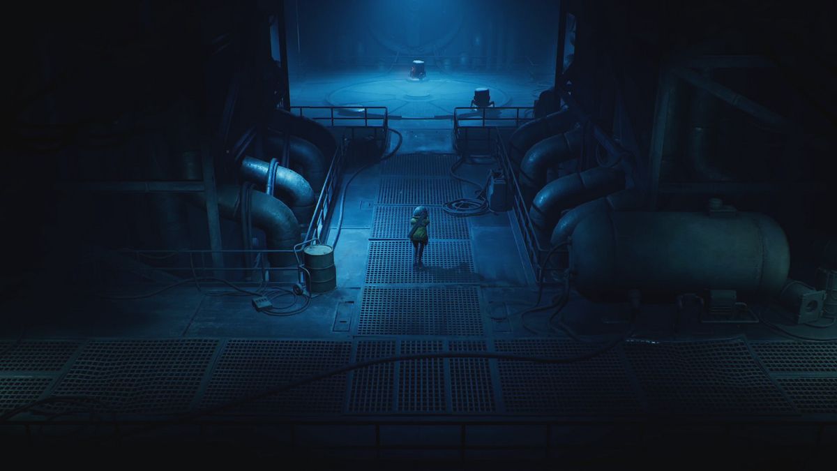 The player walks across grated metal flooring in End of Abyss