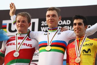 2016 World Championships time trial podium (l-r): Vasil Kiryienka (Belarus), Tony Martin (Germany), Jonathan Castroviejo Nicolas (Spain)