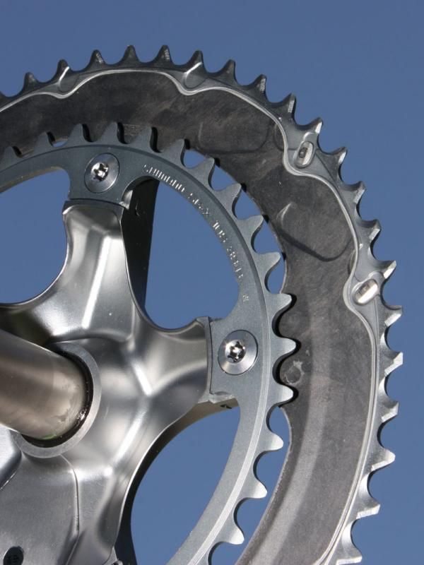 Carbon reinforcement on the back of the new Ultegra hollow outer chainring makes for a stiffer piece and vastly improved shift performance.