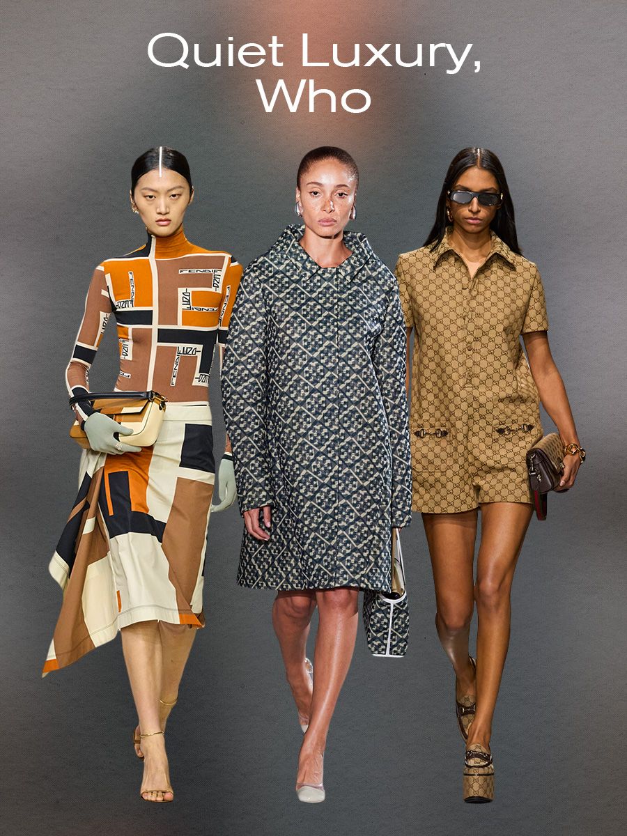 spring print trend: logo motif, models wearing designer prints in spring/summer 2024 collections