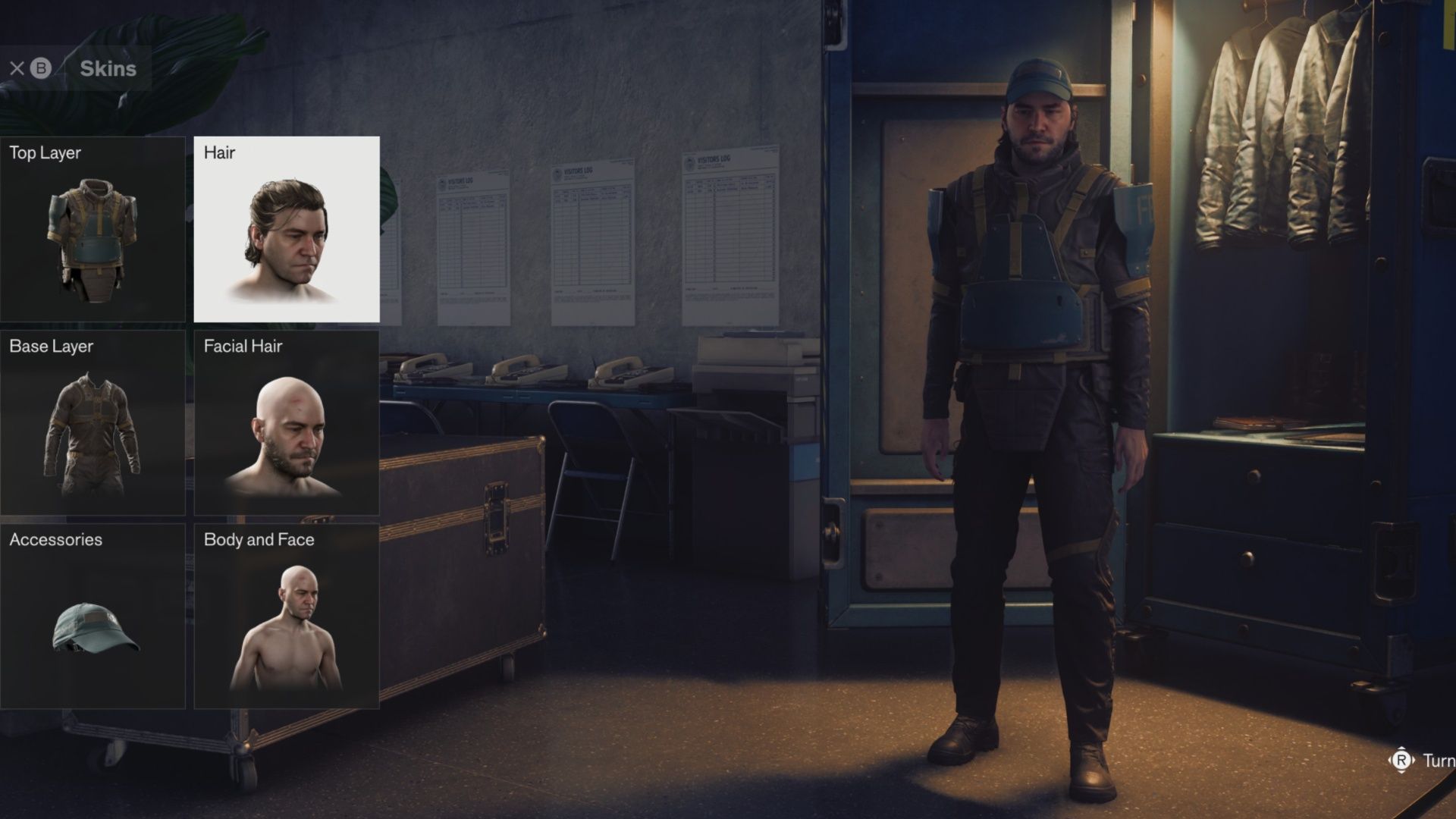 A rugged male character stands in a dim wardrobe room while a game menu displays skin, hair, facial hair, and body options, creating a somber tone.