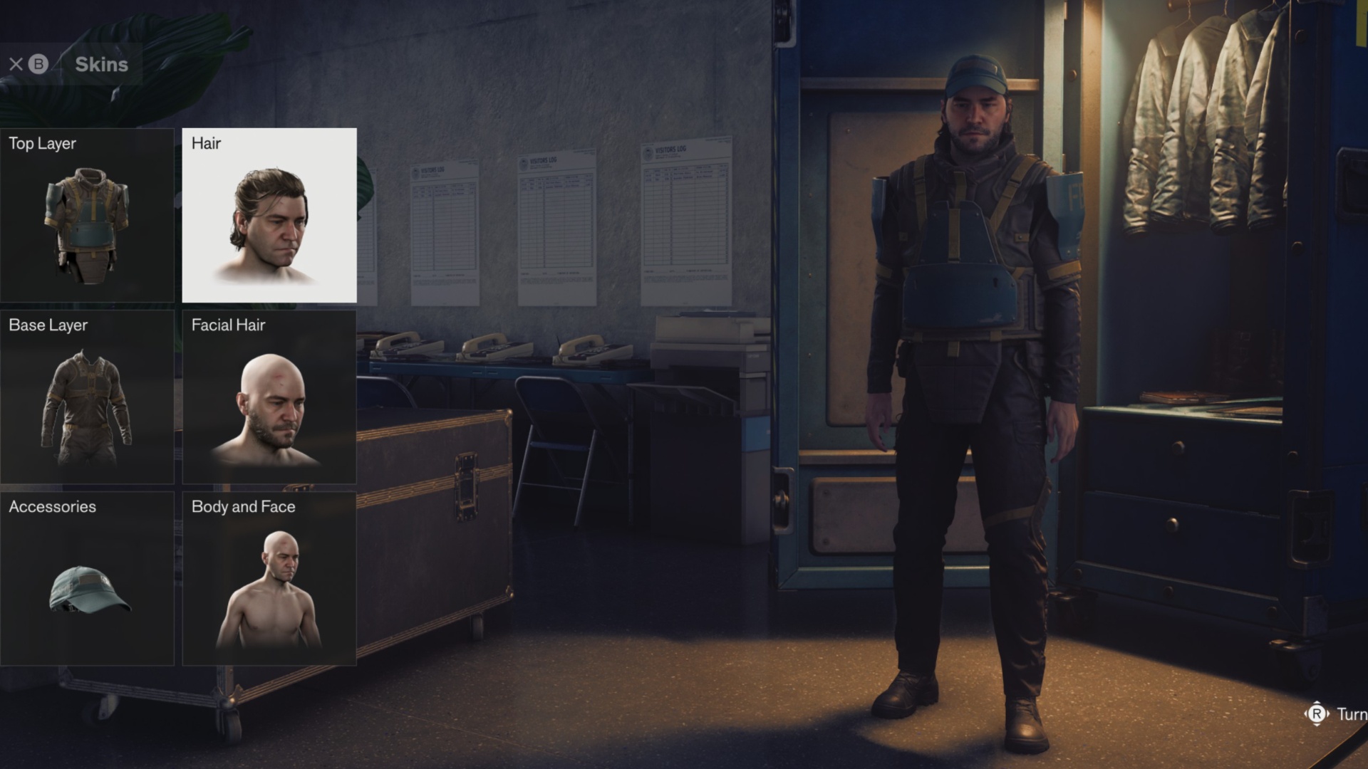 A rugged male character stands in a dim wardrobe room while a game menu displays skin, hair, facial hair, and body options, creating a somber tone.