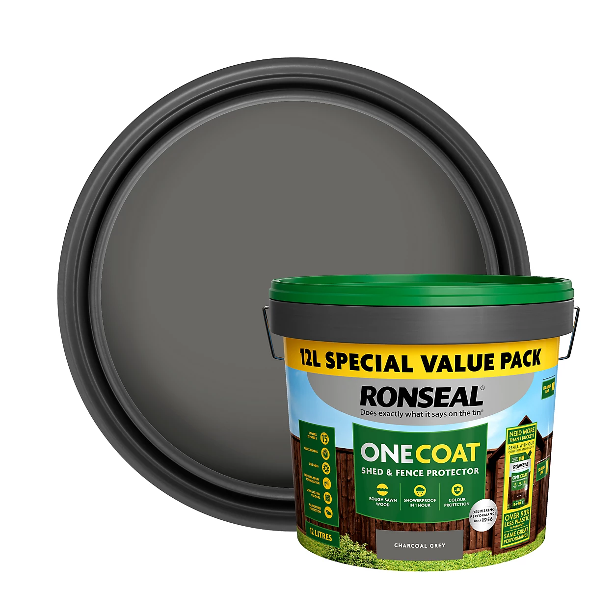 Ronseal One Coat Charcoal Grey Matt Exterior Shed & fence Protector Wood paint, 12L Tub