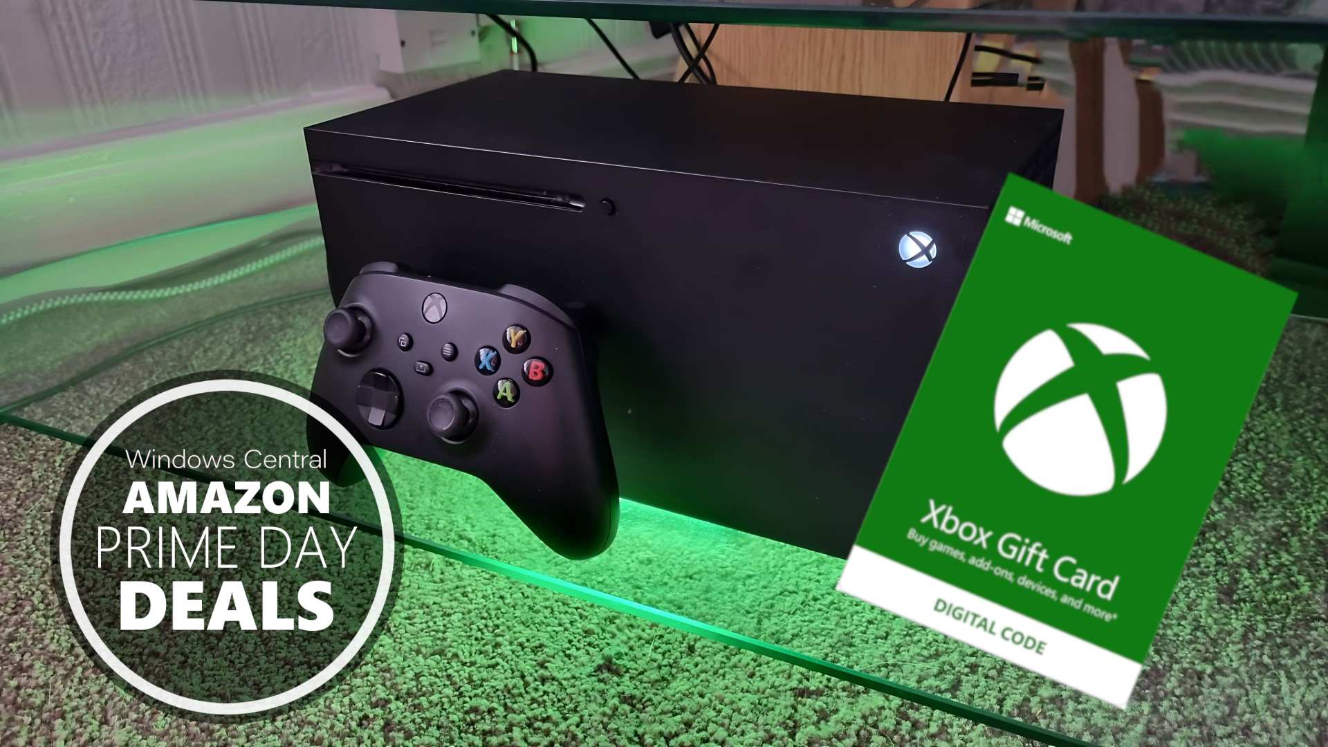 Xbox Series X with the image of an Xbox Gift Card, text reads "Amazon Prime Day deals"