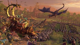 One of Warhammer 2's battlefields, dense with combatants and fantasy monsters