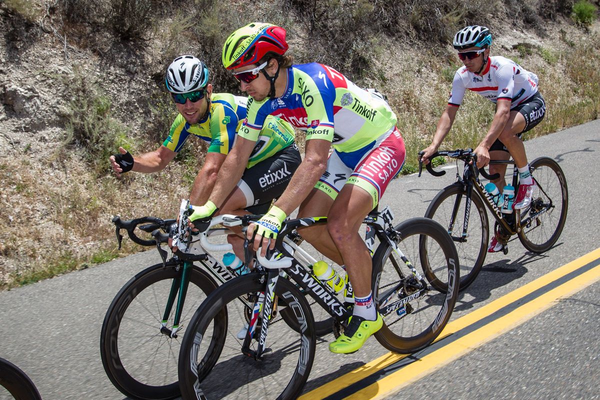 Mark Cavendish (Etixx-QuickStep) and Peter Sagan (Tinkoff-Saxo) have a chat during today&rsquo;s stage