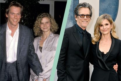 Kevin Bacon and Kyra Sedgwick from the 80s and split layout with one of them recently