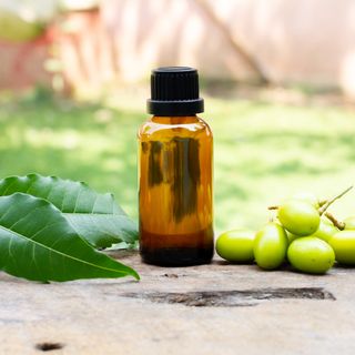 Bottle of oil beside leaves and berries