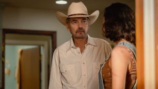 Billy Bob Thornton as Tommy looking at Ariana in Landman. 