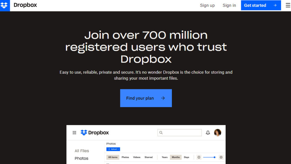 Tangkapan layar situs web untuk Dropbox