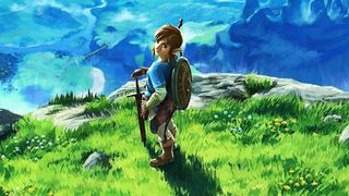 Key art for The Legend of Zelda: Breath of the Wild showing Link on a cliff overlooking Hyrule