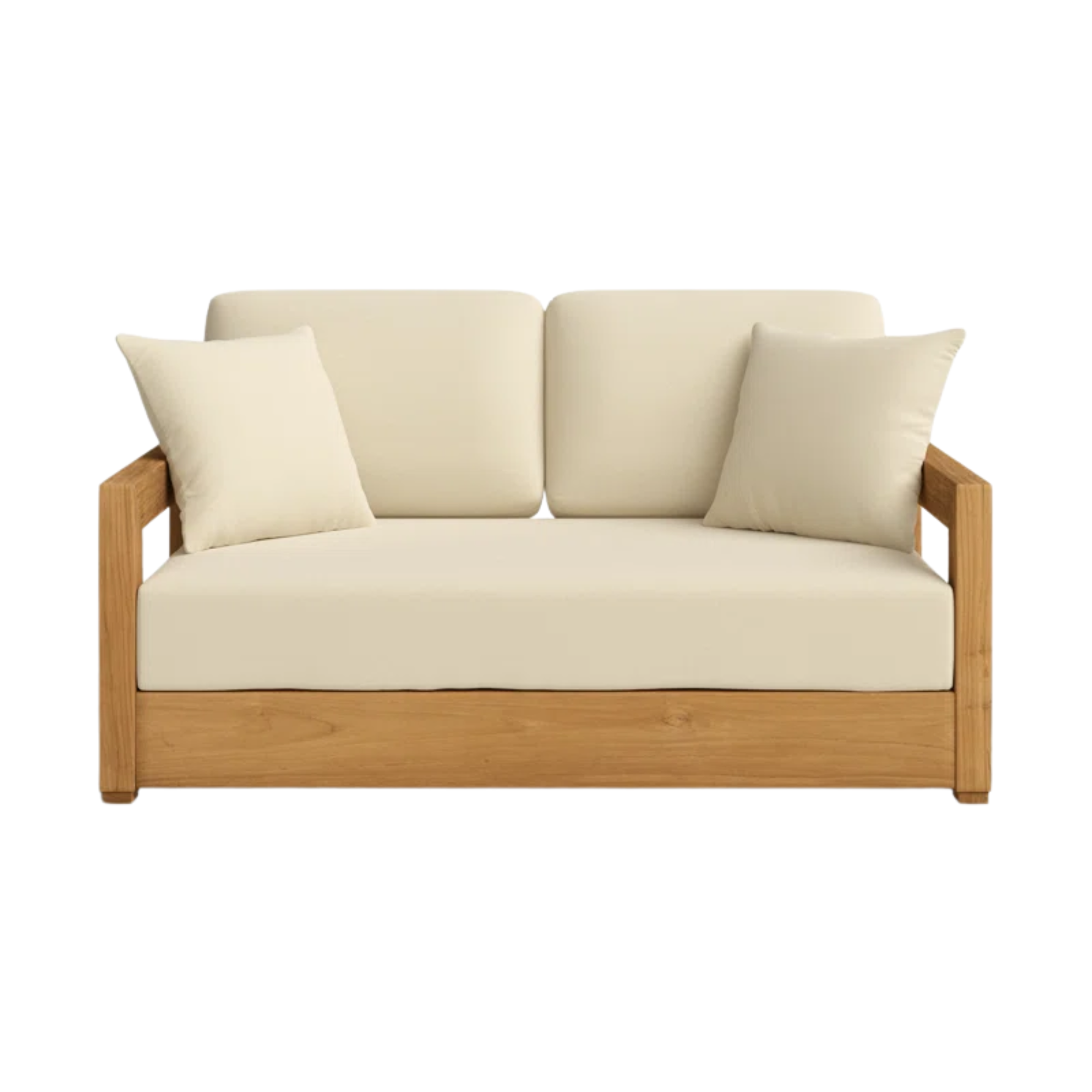 outdoor loveseat with a wood frame and white cushions