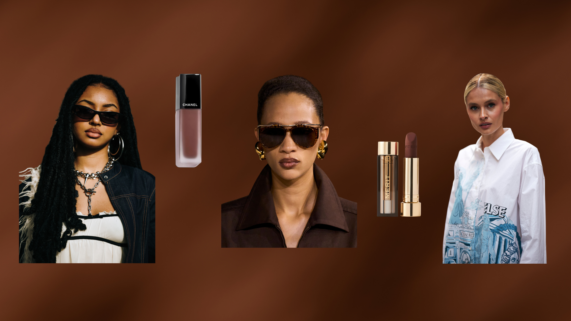 A collage of models wearing brown lipstick and surrounded by brown lipsticks.
