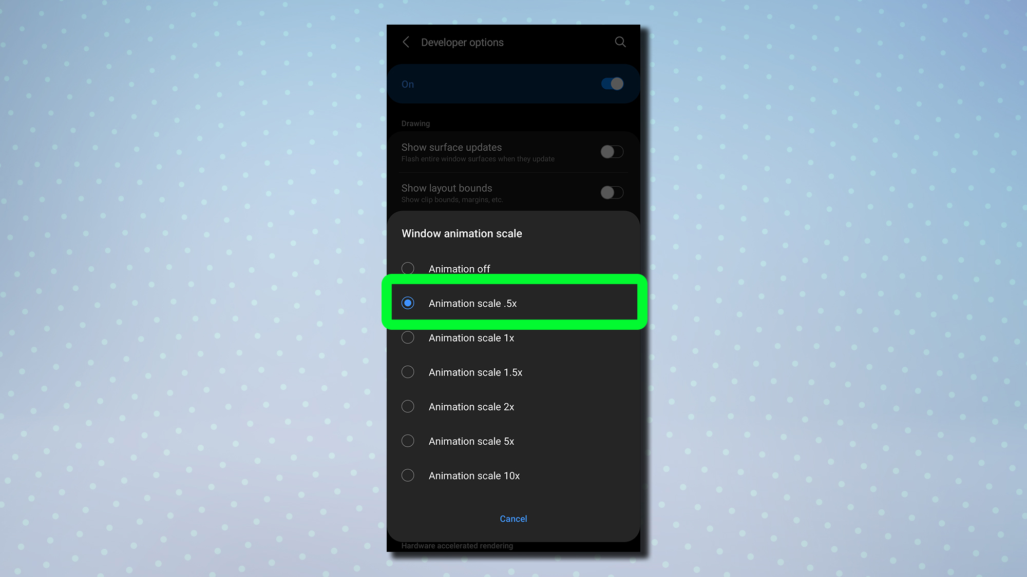 A screenshot showing the Android developer options menu with window animation scale highlighted